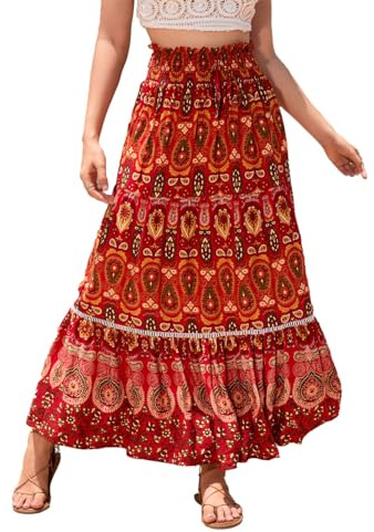EMOTTOS Falda Larga Elástico Mujer, Faldas Largas Bohemio Cintura Alta Elegantes, Falda Flores Plisada Étnicos Mujer Casual Verano con Tira Decorativa, Rojo M