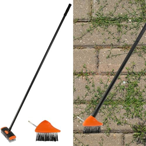 Brosse anti-mauvaises herbes pour terrasse avec manche de 133 cm de long 2 en 1 - Outil de désherbage avec tête de brosse rectangulaire/triangulaire - Nettoyeur de joints - Pour allée, chemin, pavé