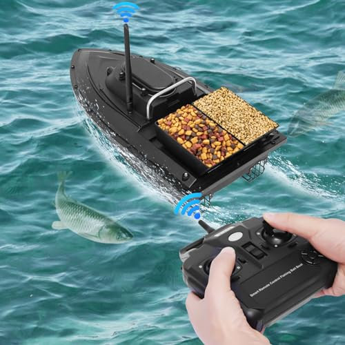 HauTour Futterboot 500m/1640ft Fernbedienung Köderboot Mit Großer Kapazität 2kg Ladetrichter LED Nachtlicht Positionierung Boot, Antennen und Propeller, 5200mAh Akku