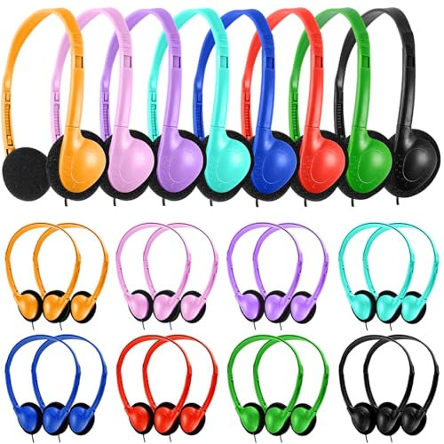 Wensdo Paquete de 100 auriculares a granel para aula, escuela, juego de auriculares duraderos para estudiantes, niños, niñas y adultos, auriculares con cable con conector de 3.5 mm para computadora