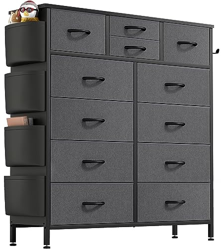 Buluri Kommode mit 12 Stoffschubladen, Komodenschrank mit Seitentaschen und Haken, Holzplatte und Metallrahmen, Stoffkommode für Schlafzimmer, Wohnzimmer, Flur, Kinderzimmer (Dunkelgrau)