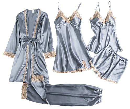 Pyjama pour femme - Pyjama sexy en soie - Satin - Avec col en V - 5 pièces - Coupe ajustée - Peignoir à manches longues - Pantalon court - Pantalon long - Chemise de nuit - Haut