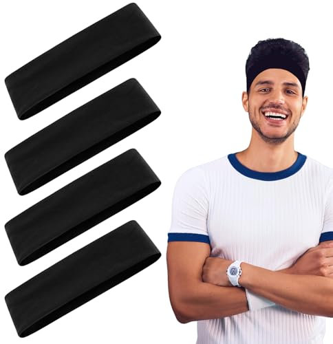 Irtyif Stirnband Herren, 4 Stück Haarband Herren, Schweißband Stirn, Stirnband Sport, für Laufen, Joggen, Tennis, Fußball, Radfahren(Schwarz)