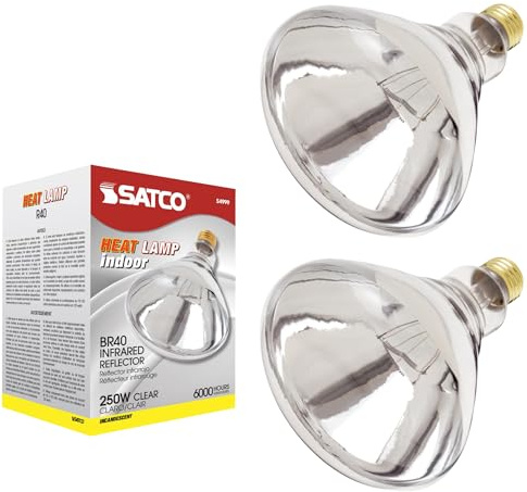 Satco S4999-250 Watt BR40 Heat Lamp Bulb – Clear Finish, Incandescent Reflector, Medium E26 Base, 2700K Warm White, 120V, Dimmable, 6000 Hour Life – CSAus Listed (2 Pack)