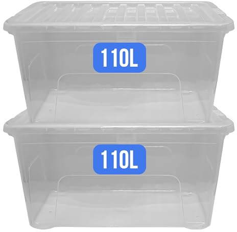 KMJ® 2 Pack Extra Large Plastic Storage Boxes with Lids – Sturdy & Clear Storage Boxes with Lid – Stackable Plastic Box with Lid– Nestable & Really Useful Box– 110L Capacity