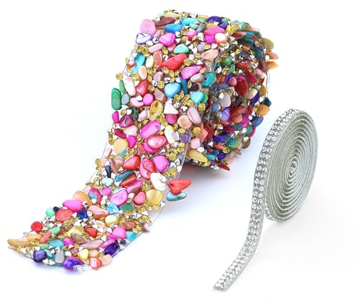 Cristal Rhinestone Trim Hotfix Cinta Colorida Artificial Piedras Preciosas Perlas Hierro En Apliques Cinta De Estrás Para Coser Para Bricolaje Boda Vestido De Novia Zapatos Decoración Teléfono 3.5cm