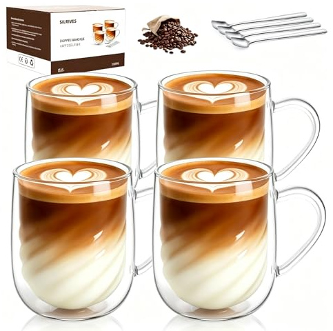 SILRIVES Juego de 4 vasos de doble pared con asa de cristal de borosilicato para capuchino Latte Macchiato