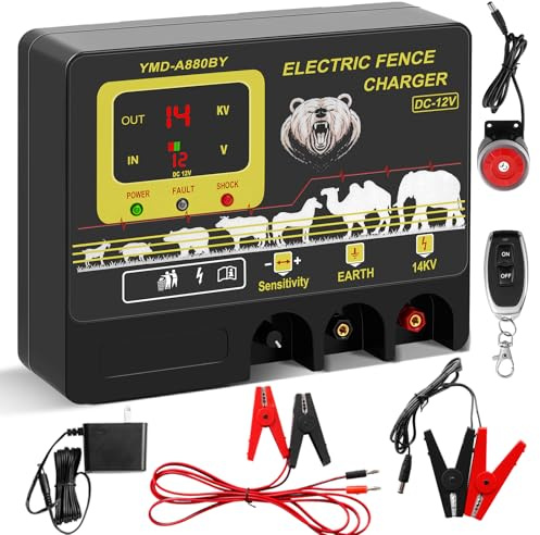 Watpumper 16.5 Joule Electric Fence Charger, 14KV Output, 1000 Acres Coverage, DC 12V/AC 100-240V Input, Electric Fence Energizer with Alarm for Cattle, Cow, Goat, Horse and Livestock Protection