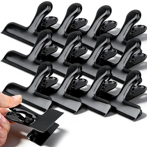 Chip Clips, 12Pcs Black Metal Bag Clips for Food Packages, Snack Chip Clip for Bags, Kitchen Snack Bag Clip for Food Packages and Office Home, 3 Inches