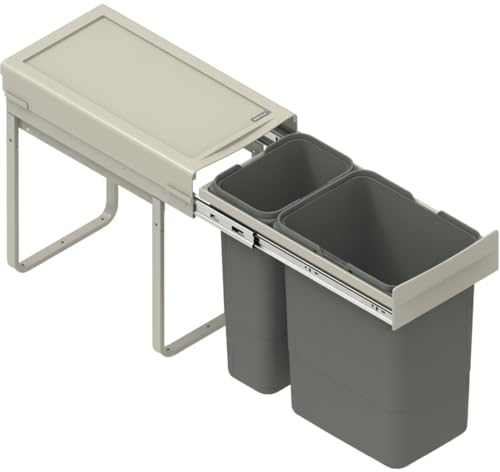 FurniFit Cubo de Basura Encastrable para Armario de 30 cm Sistema de Reciclaje de 2 Cubos con Cierre Suave y Extracción Total 26,4 x 50 x 44 cm (1x 20L + 1x 9L) Montaje Frontal Plata