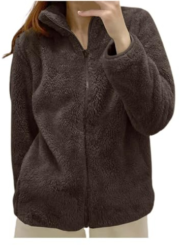 Generico Giacca da Donna Pile Camera Corta in Pile Senza Cappuccio Felpa Invernale con Zip Giacca Eleganti Tinta Unita Peluche Giubbotto Teddy Fleece Versione Loose Del Tinta Homewear (Coffee-3, L)