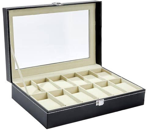 Ohuhu Uhrenbox mit 12 Fächern, Watch Box Uhren Aufbewahrungsbox mit Glasdeckel, Uhrenkasten aus PU Leder und Samt Innenfutter, Geschenkidee für Geburtstag Vatertag Weihnachten