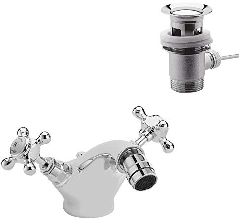 Hudson Reed BC306HX Topaz Traditional Bathroom Crosshead Bidet Mixer Tap with Free Pop Up Waste, 97mm x 197mm, White Hexagonal Collar