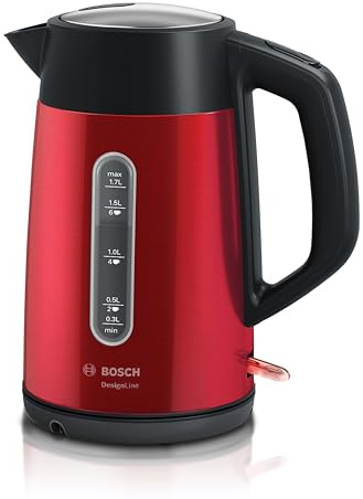 Bosch DesignLine Plus TWK4P434GB Edelstahl-Wasserkocher, kabellos, 1,7 l, 3000 W, Rot