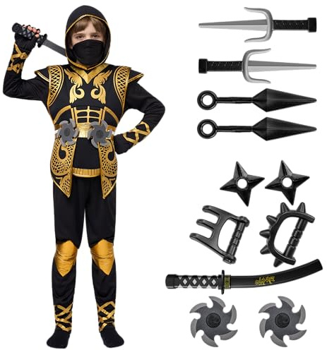Ensemble de costumes Golden Ninja Deluxe avec accessoires en mousse Ninja Jouets pour enfants Kung Fu Outfit Idées d'Halloween (Large (10-12 yrs))