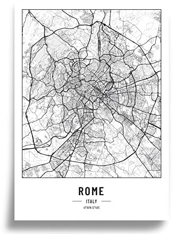 Affisch stadsplan A4 svart vit, papper 250 g. Bild för vardagsrum och sovrum, många stadsmönster, minimalistisk affisch, perfekt presentidé, utan ram, affisch Rome
