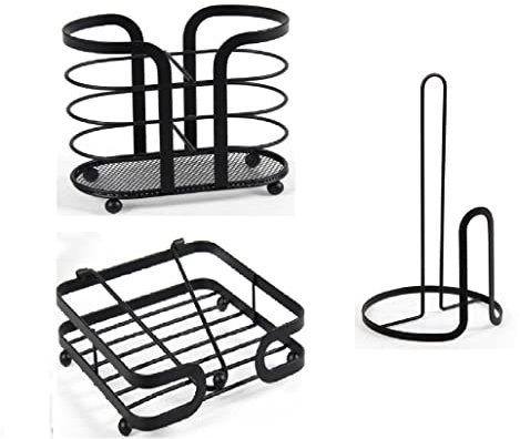 EDITACASA - Set 3 pezzi Porta Bicchieri, Porta Tovaglioli e Porta Rotolo - in metallo il set- kit segue uno stile moderno nero