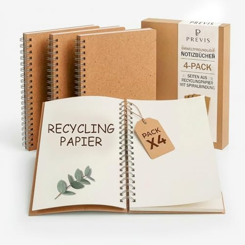 PREVIS X4 Carnet de Notes A5 Feuille Blanche 100% Recyclée - Lot de 4 Petit Cahier de Note A5 avec Anneaux - Idéal pour les Devoirs, le Travail, la Détente et le Déstressage de l'Esprit