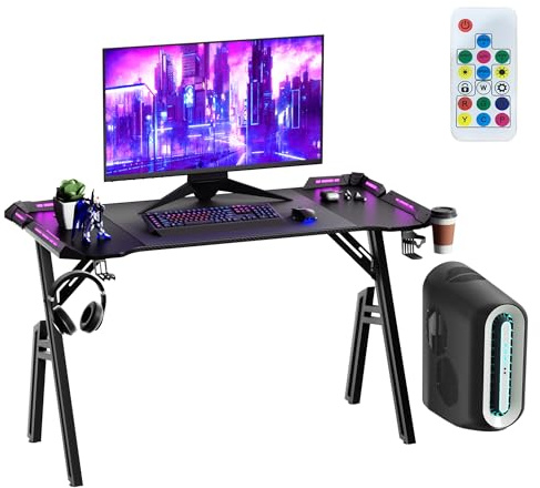 Aufun Gaming Schreibtisch mit LED Computertisch Gamingtisch 120 x 60cm, Stabiler PC Schreibtisch mit Kohlefaserbeschichtung, Ergonomischer Gaming Tisch mit Kopfhörerhaken und Getränkehalter, Schwarz