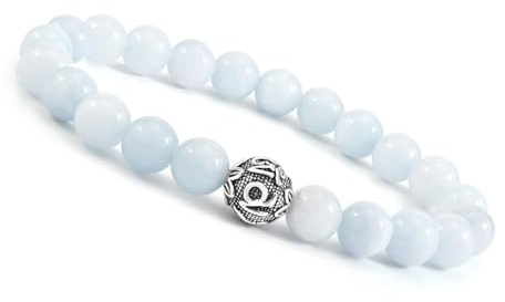 Unique Gems Bracciale Chakra Bracciale con perline da 8 mm acquamarina Bracciale in argento sterling 925 Mantra Bracciale con perline in argento da 8 mm Bracciale con pietre curative