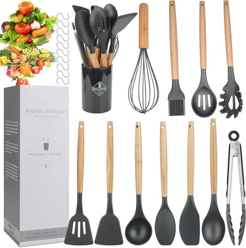 Ustensiles de cuisine en silicone 12 pieces, Résistante à Chaleur, avec Manche en Bois, Cuisine Antiadhésive Set, Ensemble de Cuisine avec Pot de Rangement