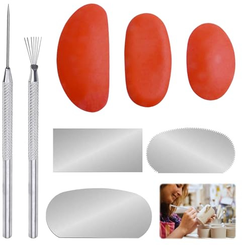 Pottery Tools, 8 Pcs Clay Tools Include 3 Pcs Rubber Pottery Clay Ribs, 3 Pcs Stainless Steel Pottery Clay Sculpture Scraper, 1 Pcs Clay Ceramic Needle and Pottery Feather Wire Texture Sculpting Tools