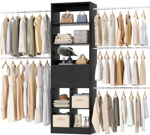 Besiost Closet System, 4-8 FT Closet Organizer Tower with 2 Wooden Drawers and Shelves, Can Fit 60 to 96 inch Walk-in Closet System with 5 Hang Rods, Built-in, Black