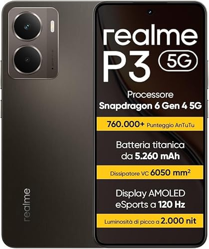 realme P3 5G Smartphone 12+512 GB, Processore Snapdragon 6 Gen 4 5G, Batteria titanica da 5260mAh,Ricarica rapida da 45W, AMOLED da 120 Hz, Luminosità di picco a 2.000 nit, IP69, Grigio rr