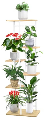 Jradse Estante de metal alto de madera de 6 niveles, Soporte plantas interior Exterior estante para flores soporte para plantas de metal estante de madera varios niveles