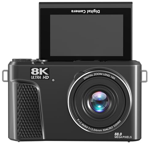 Fockety 8K Digitalkamera für Fotografie, WLAN 88MP Autofokus Kompakte Vlogging -Kamera mit 3 -Zoll -Flip -Bildschirm, 18 -Fach Digitaler Zoom, Flash und Akku für Anfänger, Teenager (Black)