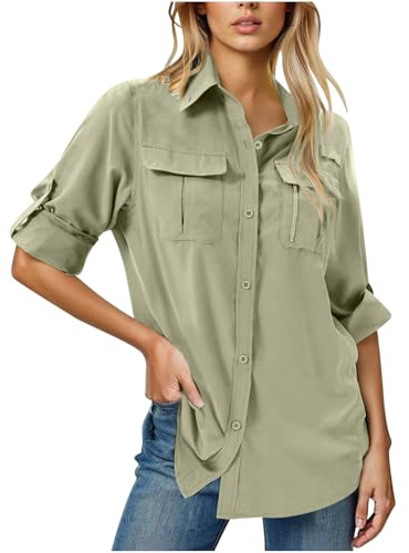 HAOLEI Womens Long Sleeve Shirts Sun Protection Hiking Fishing Tops UPF 50+ UV Lightweight Quick-Dry Outdoor Safari Shirts Button Up Travel Outfits Ladies Blouses with Pockets Khaki