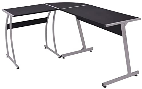 XHNIFBN Escritorio esquinero negro 152 x 117 x 74 cm en forma de L de metal y tablero de partículas, diseño moderno con amplia superficie de almacenamiento para oficina, juegos y estudios