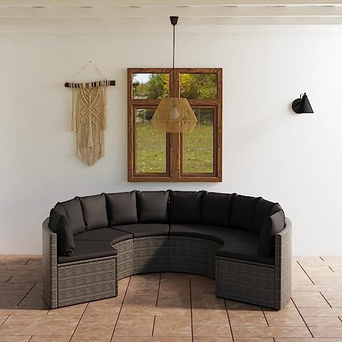 LoogCape Ensemble de 6 meubles de jardin avec coussins, en polyrotin gris, design en éventail, salon d'extérieur avec cadre en acier, pieds réglables, pour terrasse et balcon