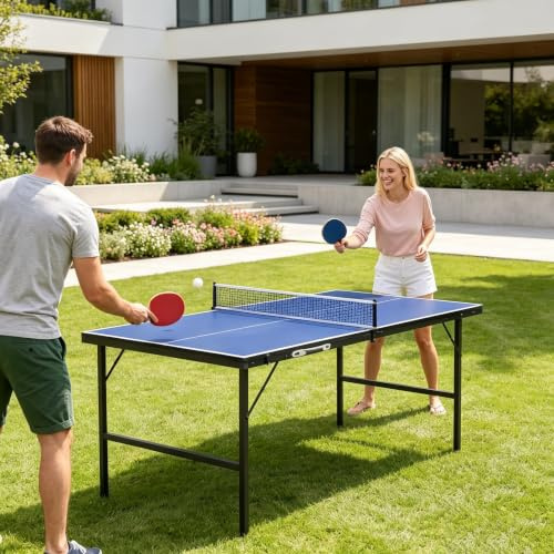 YRHome Mini mesa de ping pong plegable 153 x 75 x 80 cm, 14 mm laminado MDF con estructura de acero galvanizado, diseño de maletín portátil, incluye 2 raquetas, 5 bolas de red, bolsa de almacenamiento