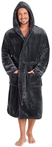 CityComfort Robes Peignoir à Capuche pour Homme en Polaire Douce Peignoir de Bain Peignoir de Bain avec Châle Fourrure détail ou hotte-Cadeau avec Ruban (L/XL, Charbon à Capuchon)