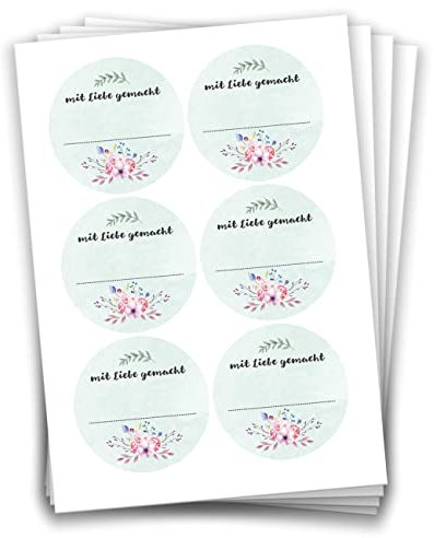 Papierdrachen 24 Selbstklebende Etiketten zum Beschriften - z.B. für selbst gemachte Marmelade - Mit Liebe gemacht - Blumen - 4 cm große Sticker für Eingekochtes - Homemade - Marmeladen-Aufkleber