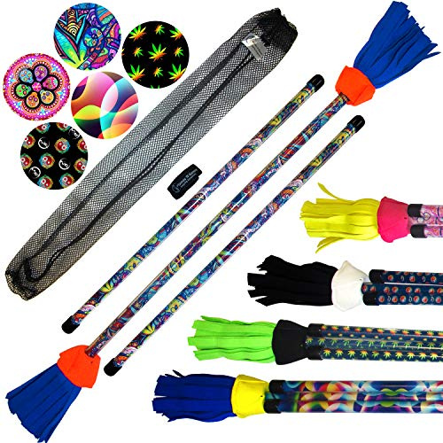Pro Bâton de Fleur Art-Deco (5 désign) Flower Stick Set Coeur de la Fibre, Ultra-Grip Silicone & Incassable Arbre Fibre + bâtons en Bois! Bâton du Diable, Flowerstick Bâtons de Jonglage! (Ying Yang)