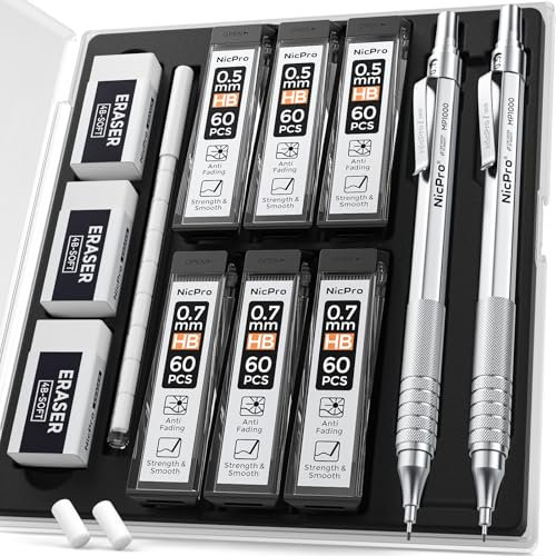 Nicpro 2 Pezzi 0,5 & 0,7mm Metallo Matite Meccaniche Set con Astuccio, Art Matite Portamine con 6 Tubi HB Mine, 2 Gomma, 9 Ricariche Di Gomma, Astuccio Per Artista Disegno Scrittura, Schizzi