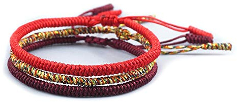 EXINOX Pulsera Tradicional Tibetana de Nudos | Hecha a Mano | Hombre Mujer | Espiritual Budista | Rojo Amarillo Granate | 3 Piezas