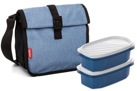 TATAY Borsa Termica Porta Pranzo Impermeabile - Urban Food Arrotolabile 4,2L | 2 Contenitori 0,5L | Triplo Strato Isolante | Corpo Semirigido | Tasche Laterali | 22x11x22,5 cm, Blu Denim