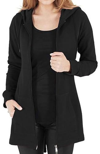 Vancavoo Fleecejacke Damen Lang Winterjacke Sweatjacke Kapuzenjacke Zip Kapuzenpullover Lose Jacken Einfarbig Sweatshirt Langen Mantel Cardigan Outwear Mit Taschen,Schwarz M