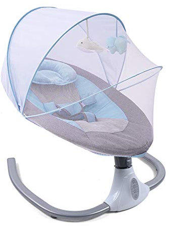 TIXBYGO Leichte Babywipp Babyschaukel mit Moskitonetz USB/tragbarer natürlicher Schaukelbewegung in Bewegungsbereichen, mit Fernbedienung + Sitzbezug + Kissen + Moskitonetz Blau