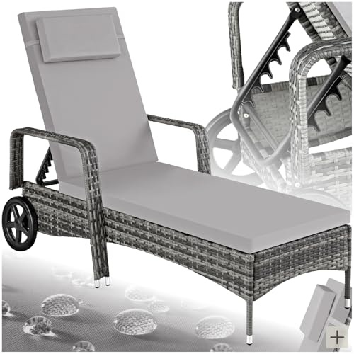 tectake® Rattan Garden Sun Lounger, 6-Level Adjustable Backrest, Plastic Weave, Outdoor and Indoor Use, Easy-Care Garden Recliner Chair with Padding & Cushion, Rubber Wheels - grey