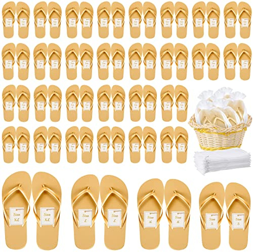 Unittype 48 Pairs Flip Flops Bulk for Wedding Guests Hotel Slippers with Size Cards and Bags for Wedding Beach Pool (Gold)