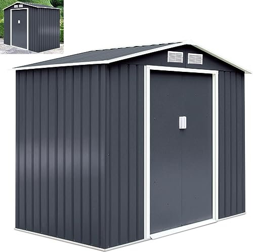 GiantexUK 7x4FT/9x6FT/9x8FT/11x8FT Metal Garden Shed, Outdoor Galvanized Storage House with 2/4 Vents & Lockable Sliding Doors, Slope Roof Utility Shed Building (9x6FT, 2 Vents, with Base)