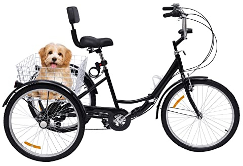 Quiltern Dreirad für Erwachsene 24 Zoll Klappbar, 3 Räder Adult Fahrrad 7 Gang Mit LED Licht Gemüsekorb，für Männer, Frauen und ältere Menschen (Schwarz)