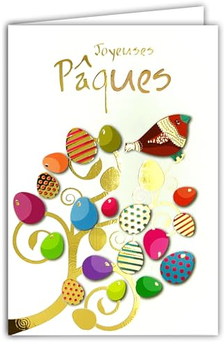 62-1024 Carte Joyeuses Pâques en Or Doré Brillant avec Enveloppe 12x17,5cm - Illustration Œufs d'Oiseaux colorés Arbre de Vie Fête de Printemps - Création Édition Impression Fabrication Française
