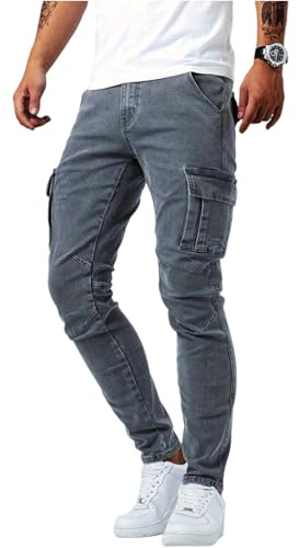 MLGBNM Urbanelite - Jeans cargo da uomo, casual, slim fit, elasticizzati, in denim, stile hip hop, con tasche cargo, pantaloni della tuta affusolati in denim hip hop da uomo