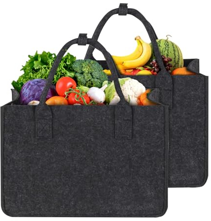 Leerweii 2 Stück 30L Filztasche Einkaufstasche, 40x27x27 cm Filztaschen Shopper mit Innentasche Einkaufskorb Faltbar Groß Tragetasche Filz Einkaufskörbe Stabile Henkel mit Verschluss, Dunkelgrau