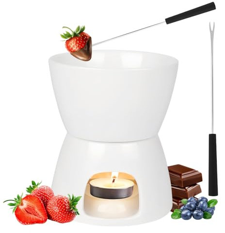 BORDEAG Fondue au Chocolat en Céramique, Service à Fondue Au Chocolat avec 2 fourchettes, Fondue Chocolat, Fondue Au Beurre Fondue Au Fromage, Fondoir pour Chocolat Et Fromage, Blanc, 400 ML